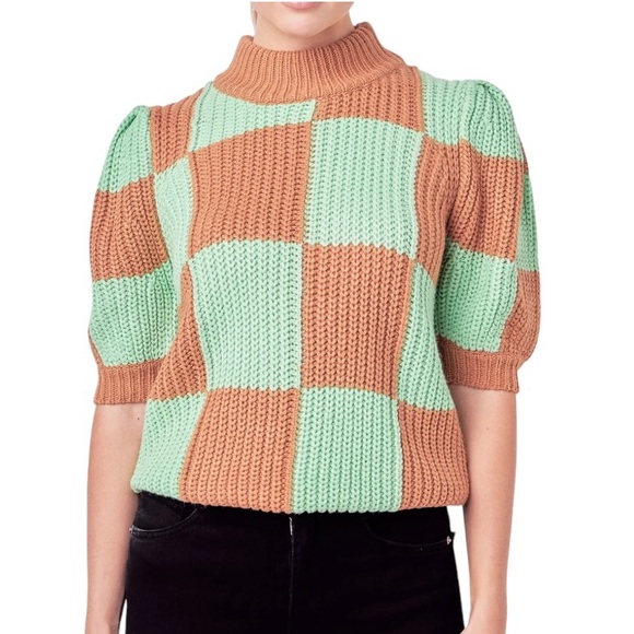 NWT English Factory Mint Green Tan Check Plaid Puff Sleeve Crop Sweater - XS - Picture 3 of 16